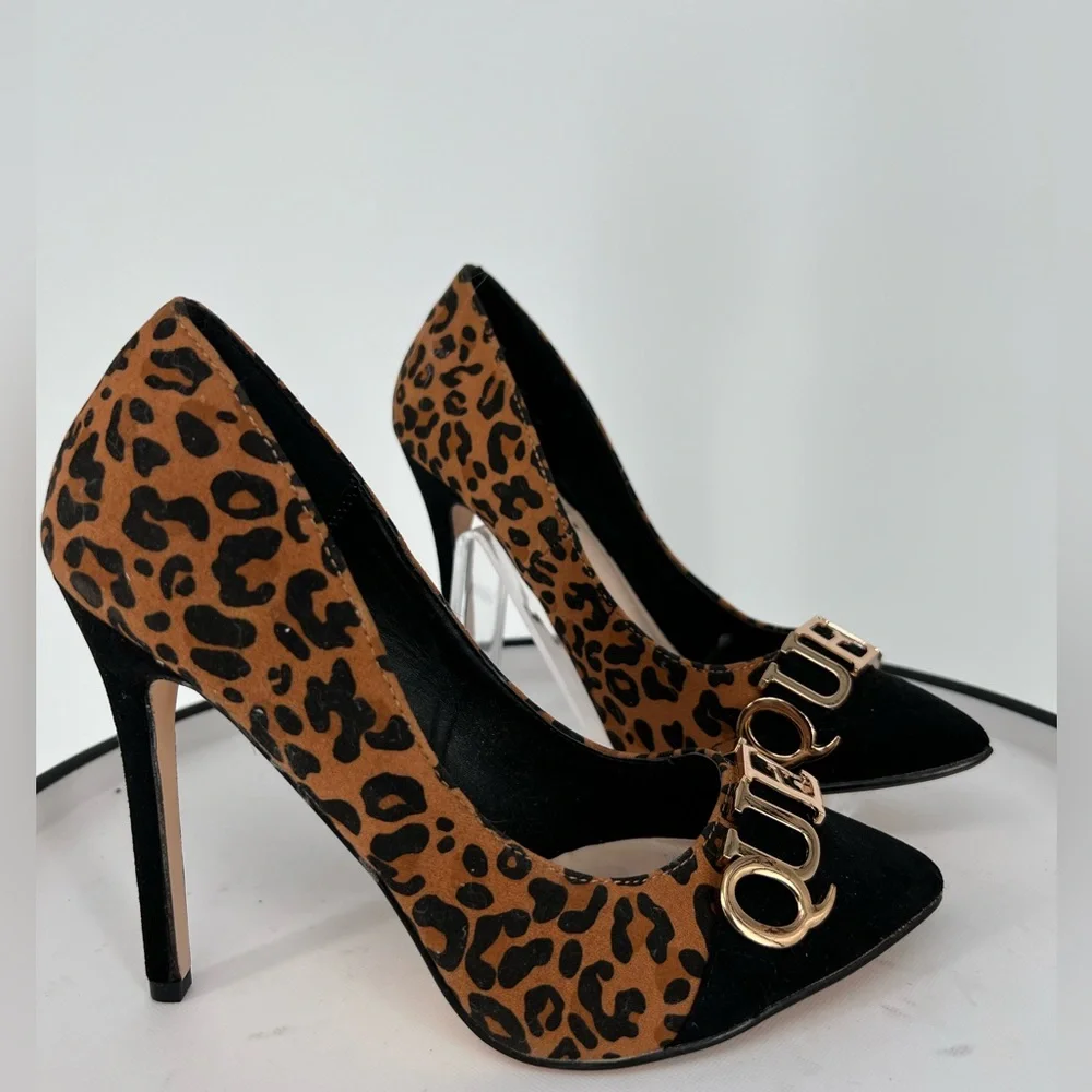 SHOE DAZZLE HEELS BLACK‎ CHEETAH QUEEN SLIP ON PUMPS, PADDED INSOLE, POINTED TOE
